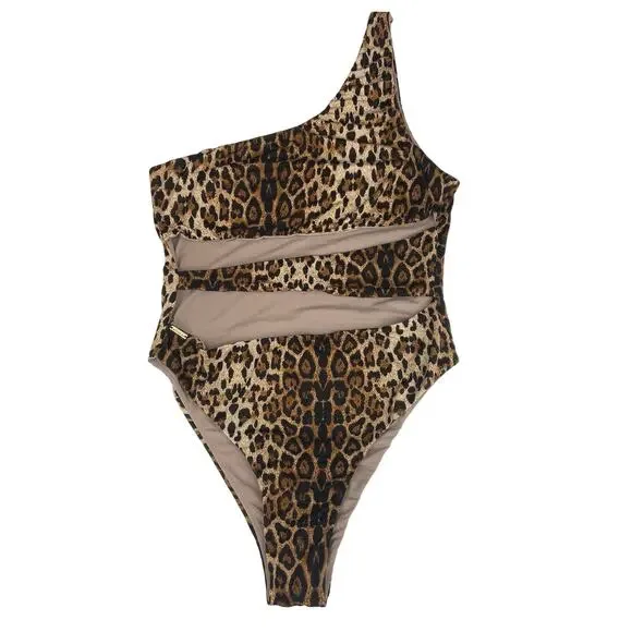 Meshki Brown Animal Leopard Print One Shoulder One Piece Bikini Swim Swimsuit M - Picture 3 of 4
